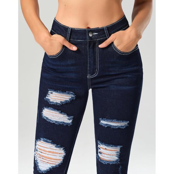 Women's Ripped Skinny Jeans Mid Rise Destroyed Stretchy Casual Pants - Picture 7 of 8